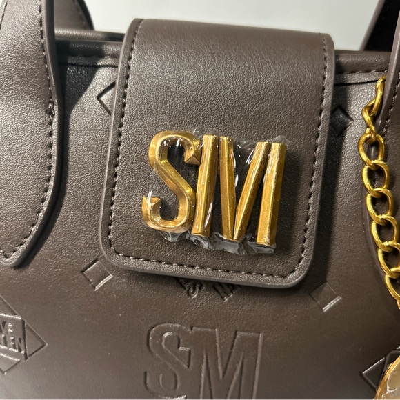 Steve Madden Satchel Bucket Bag Purse Brown Embossed Logo Chain Accent‎ - Picture 5 of 16